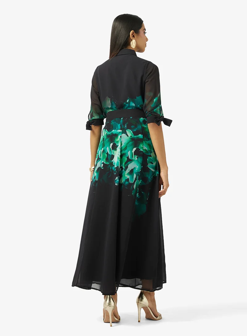 Style Cheat Printed Belt Detail Maxi Shirt Dress